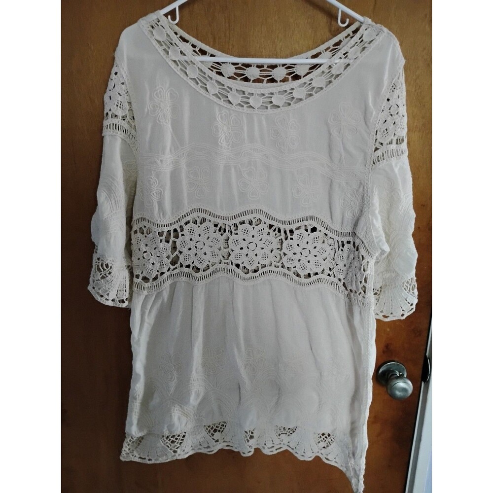 Ivory Bohemian-Style Tunic Portuguese 100% Cotton Floral Open Midsection Crochet
